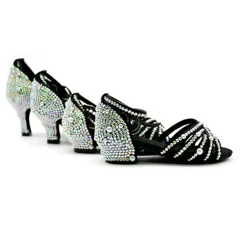 black heel 3.8cm Стразы; атласная обувь для латинских танцев; женская обувь для латинских танцев; 3 см; 3,8 см; 5 см; 7 см; высокий каблук - Цвет: black heel 3.8cm
