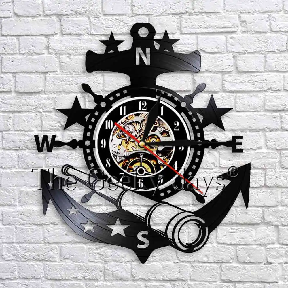 

Yachting Sea Sailing Boat Anchor Telescope Wall Clock Nautical Steering Wheel Vintage Vinyl Clock Handmade Wall Art Decor
