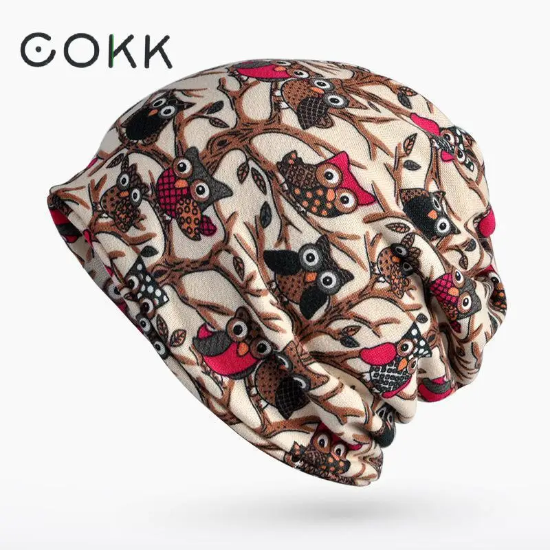 

COKK Turban Hat Female Winter Hats For Women Men Skullies Beanies Owl Pattern Bonnet Beanie Stocking Hat Bonnet Cap Bone Male