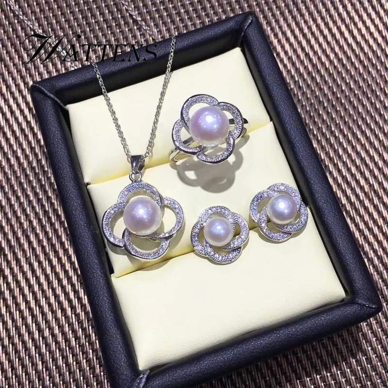 

Natural Pearl set,Freshwater pearl necklace ring earrings for women 925 sterling silver jewelry sets wedding party Office Gift