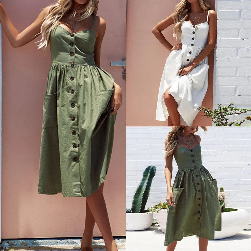 

Women Summer Sexy Buttons soft and comfortable Solid Off Shoulder Sleeveless Dress Princess Dress L50/0201