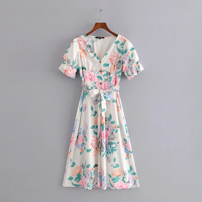

QZ202 Summer New Arrival Women V Neck Buttons Deco Sweet Floral Print Sashes Slim Waist Mid Long Dress Lusious Vestidos