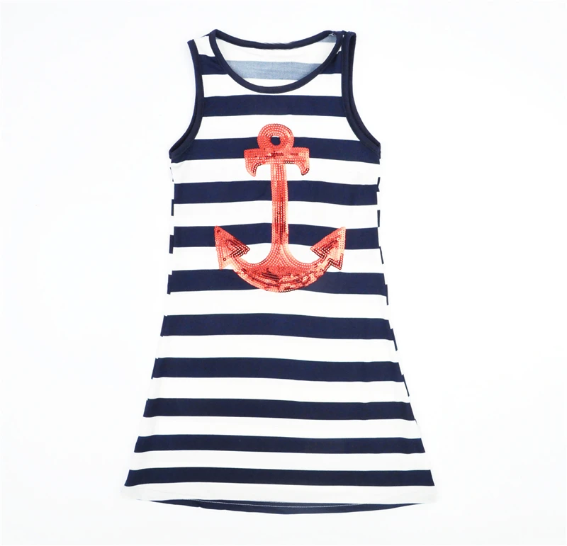 

fashion Navy Blue Kids Girls Red Sequins Anchor Maxi Stripes Dress Summer Boho cute Sundress