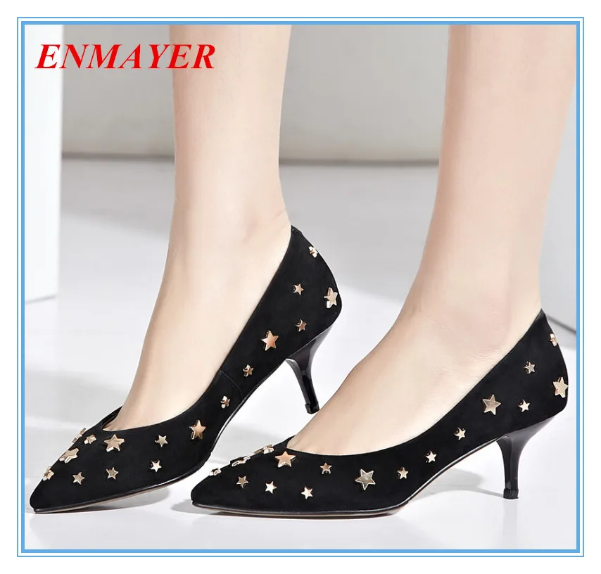 

ENMAYER  pointed toe thin heels Elegant pumps Sheep skin turned slip-on women pumps Spring/Autumn Sequined stars shoes for women
