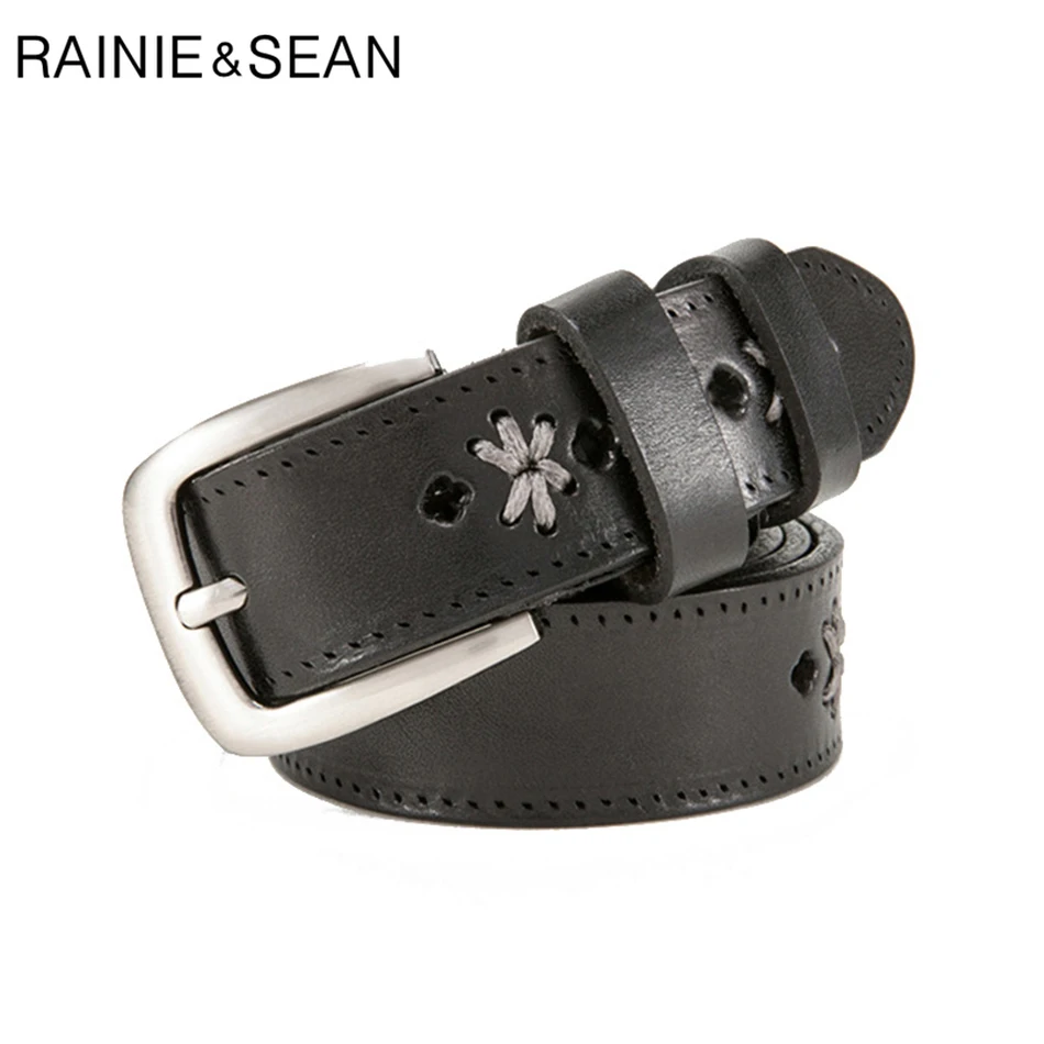 

RAINIE SEAN Ladies Genuine Leather Belts Handmade Italian Belt Pin Buckle Women Embroider Luxury Designer Brand Black Jeans Belt
