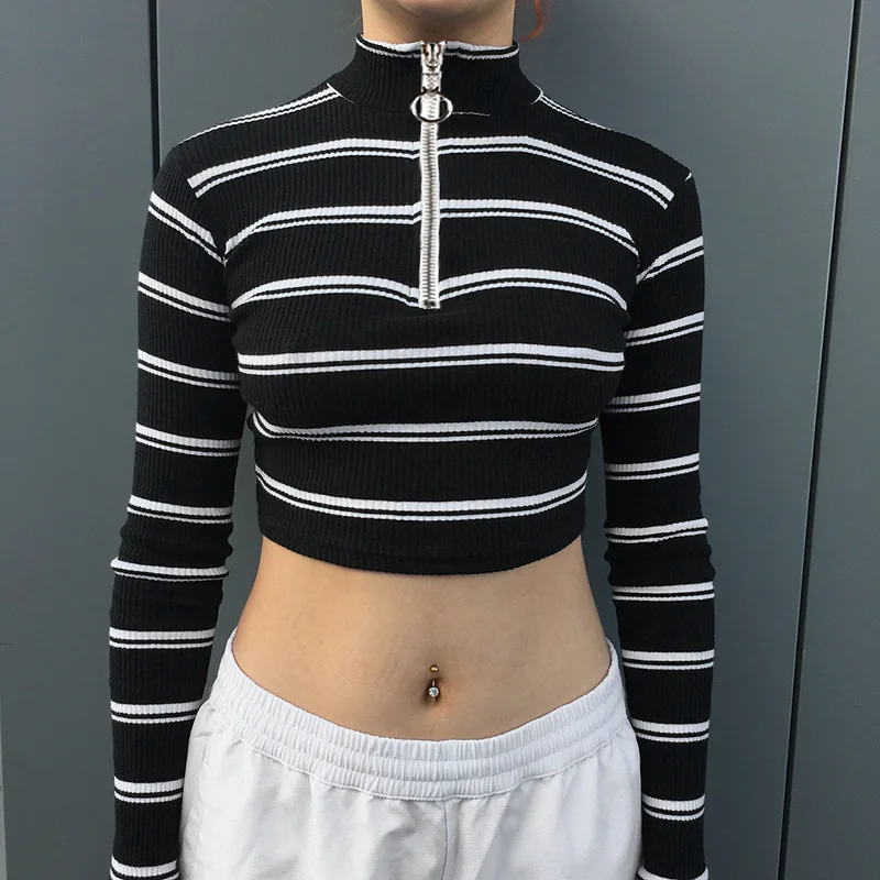 

Women T-Shirt Long Sleeve Black White Striped Zip Casual T shirt Top Female Femme Tops Tee Turtleneck T Shirt
