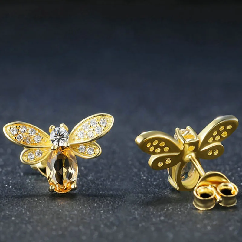 925 пробы серебряные женские серьги-гвоздики Сияющие CZ камень желтый циркон насекомое пчела прекрасные сверкающие серьги ювелирные изделия