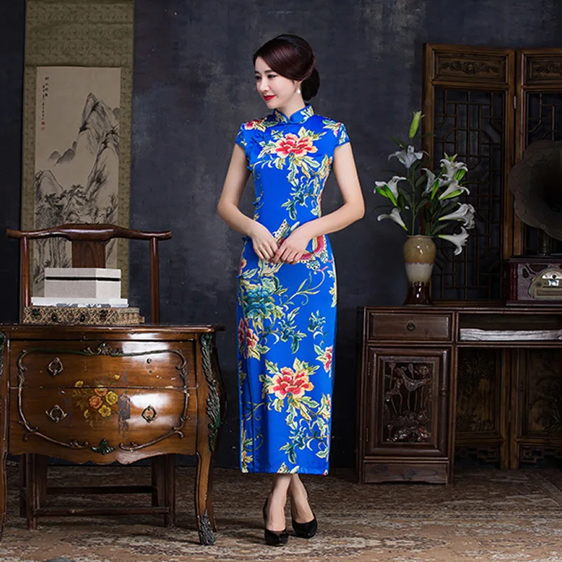 Long Cheongsam Sexy Qipao Blue Oriental Style Dresses Traditional