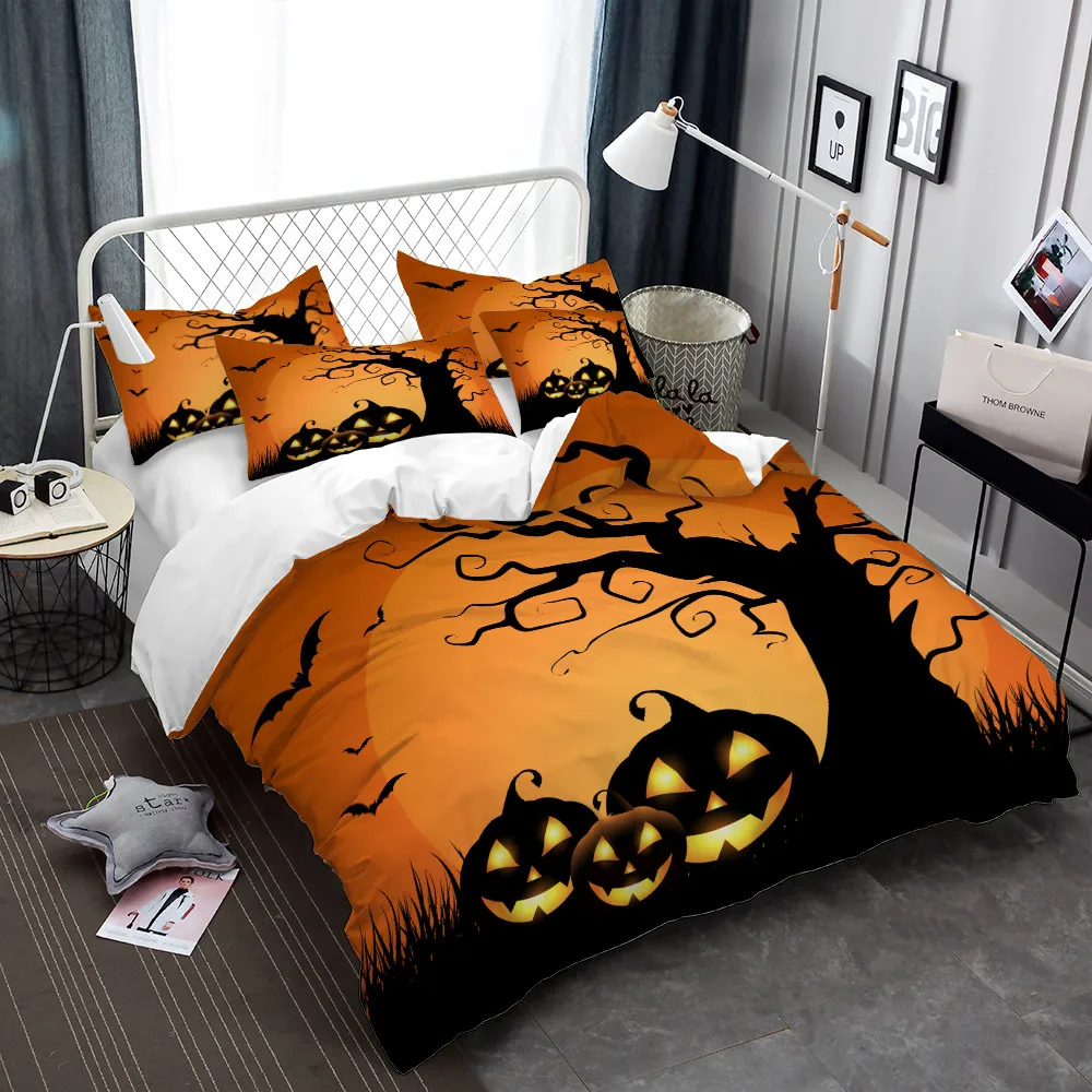 Kids Cartoon Bedding Set Halloween Pumpkin Tree Print Duvet Cover Set