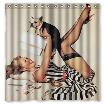 

Free Shipping!Vintage Pin Up Girl And Chihuahua Printed Waterproof Polyester Bath Shower Curtain( 180X180CM)