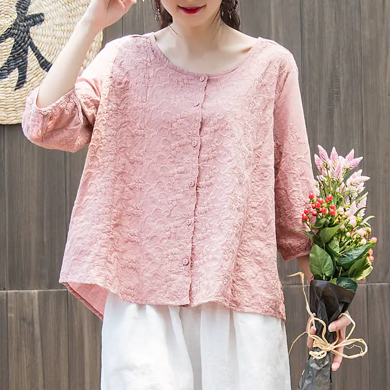 

F&je New Arrival Summer Women Shirt Plus Size Half Sleeve Loose Casual Ladies O-neck Tops Cotton Vintage Embroidery Blouses D8