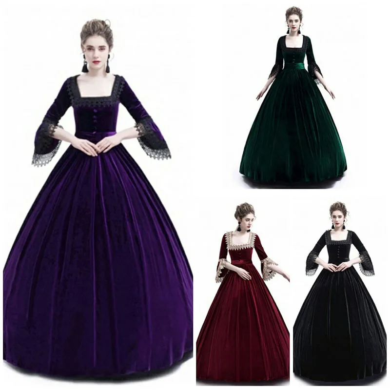 

Adult Women Marie Antoinette Queen Costume Victorian Velvet Square Collar Long Ball Gown Dress Palace Party Clothing For Ladies