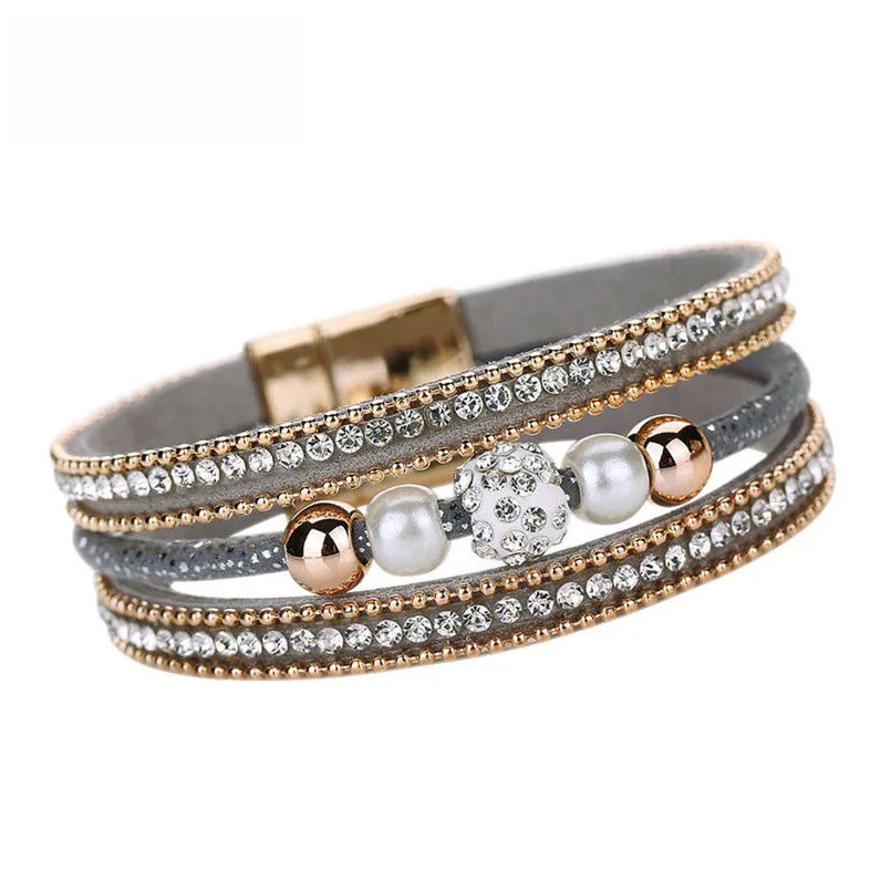 Женский многослойный браслет, модный браслет с кристаллами из бисера, кожаный браслет AP20