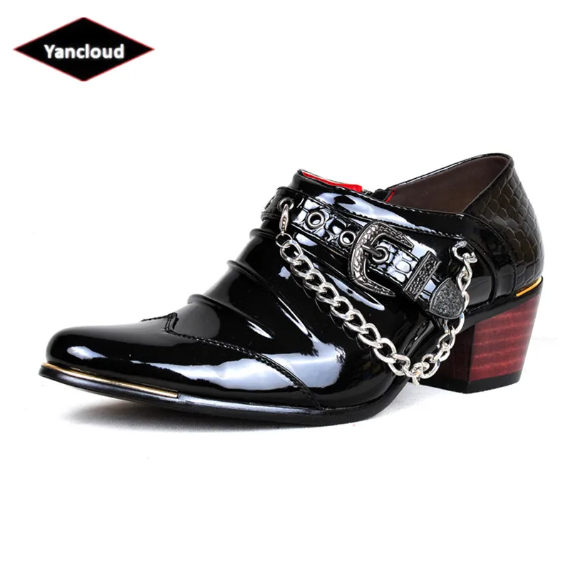 

Men's Punk Rock Chains Patent Leather Pointed Toe Dress Shoes 2018 Pleated Oxford Shoes for Men Height Increase Party Shoe 38-44