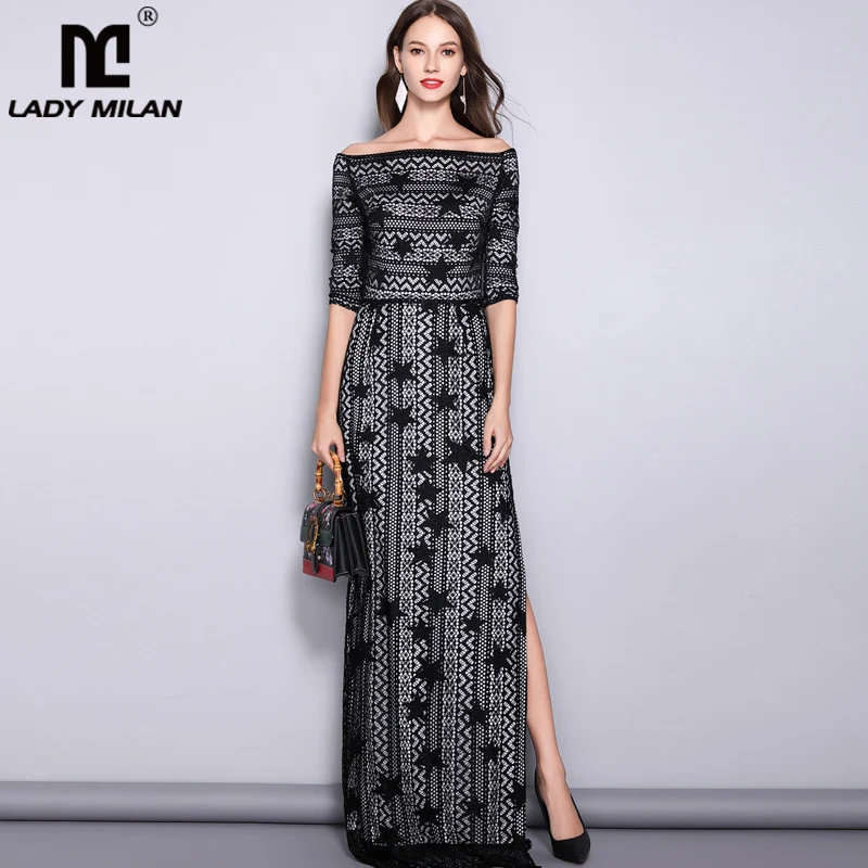 

Women's Slash Neckline 3/4 Sleeves Off the Shoulder Embroidery Lace Split Elegant Party Dresses Fashion Long Runway Dresses