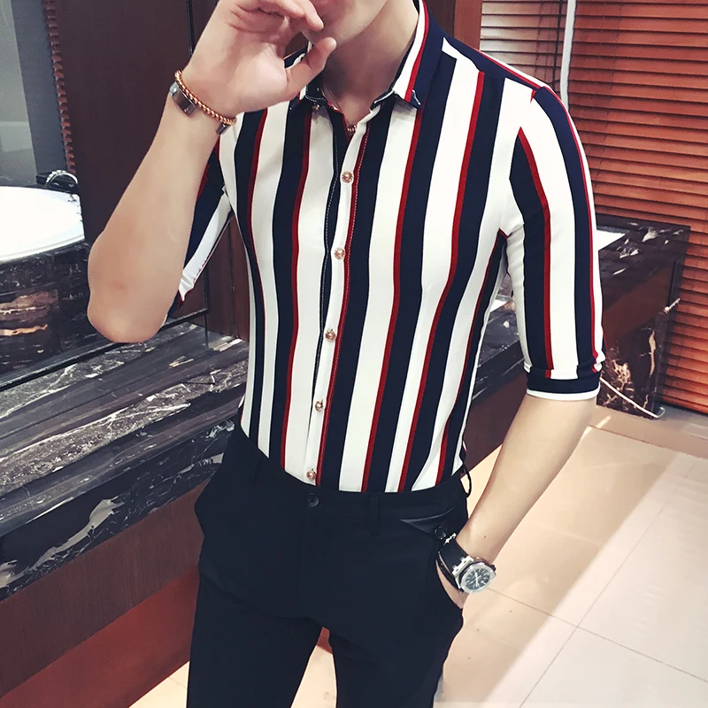 Мужская рубашка с коротким рукавом в полоску|camisa social|social masculinamens striped shirts |