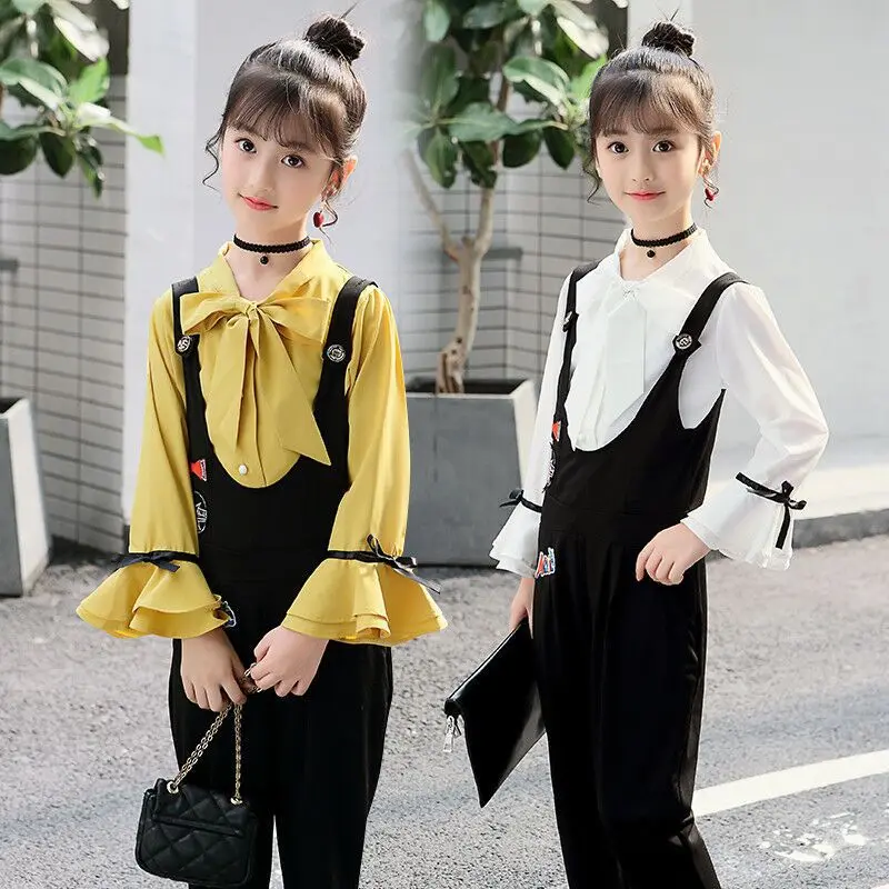 Girls Autumn Clothing Set Elegant Kids Clothes White Suit For Girl 6 8 12 13 14 Years Children's Costumes Casual Shirt+Jumpsuit