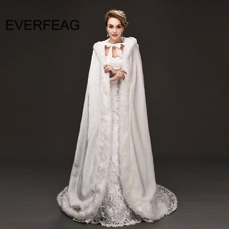 

2019 White/Ivory Long Winter Wedding Bridal Capes Cloak Evening Bolero Hooded Faux Whole Fur Trim Party Wraps Shawl Jacket