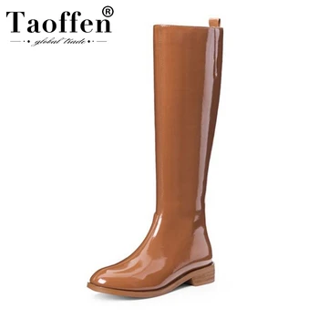 

Taoffen 2020 High Quality Fashion Women Knee Boots Simple Office Daily Flats Boots Zipper Sexy Lady Motorcycle Boots Size 34-39