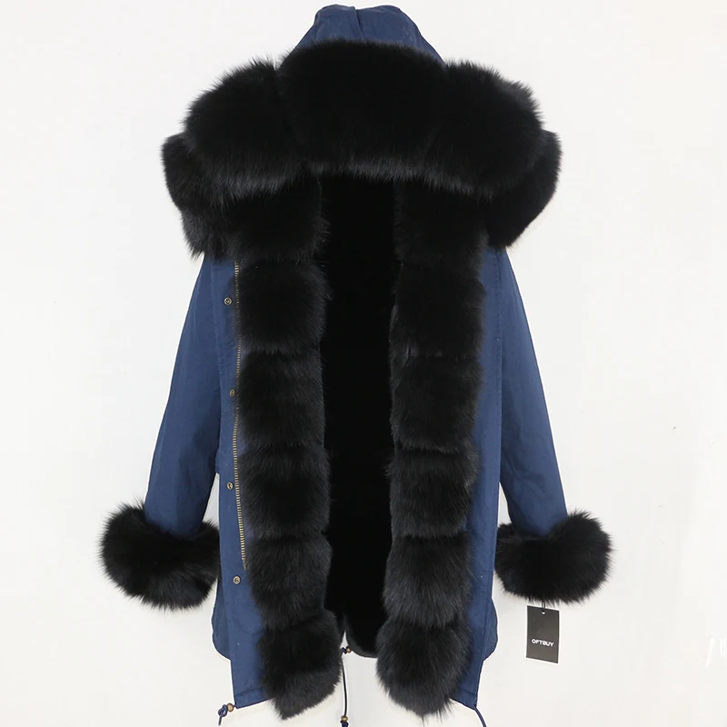 OFTBUY, пальто с натуральным мехом, зимняя куртка, женские длинные парки, натуральный Лисий мех, Отделка капюшона, толстая теплая верхняя одежда, уличная одежда, съемная - Цвет: navy black