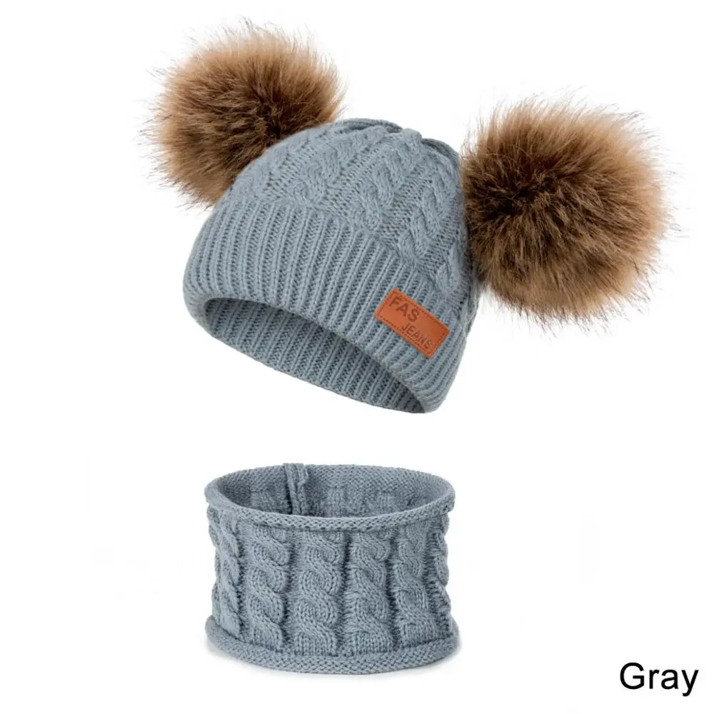 REAKIDS/комплект из 2 предметов, зимняя шапка, меховая шапка+ шарф, комплект для новорожденных, теплая вязаная шляпа, Мягкая универсальная Кепка для мальчиков и девочек 0-2 лет - Цвет: A-grey