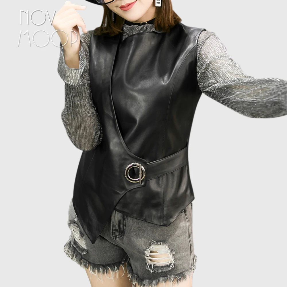 

European asymmetrical chic style top sheepskin genuine leather vest with single button zipper closure chaleco genuino LT2782