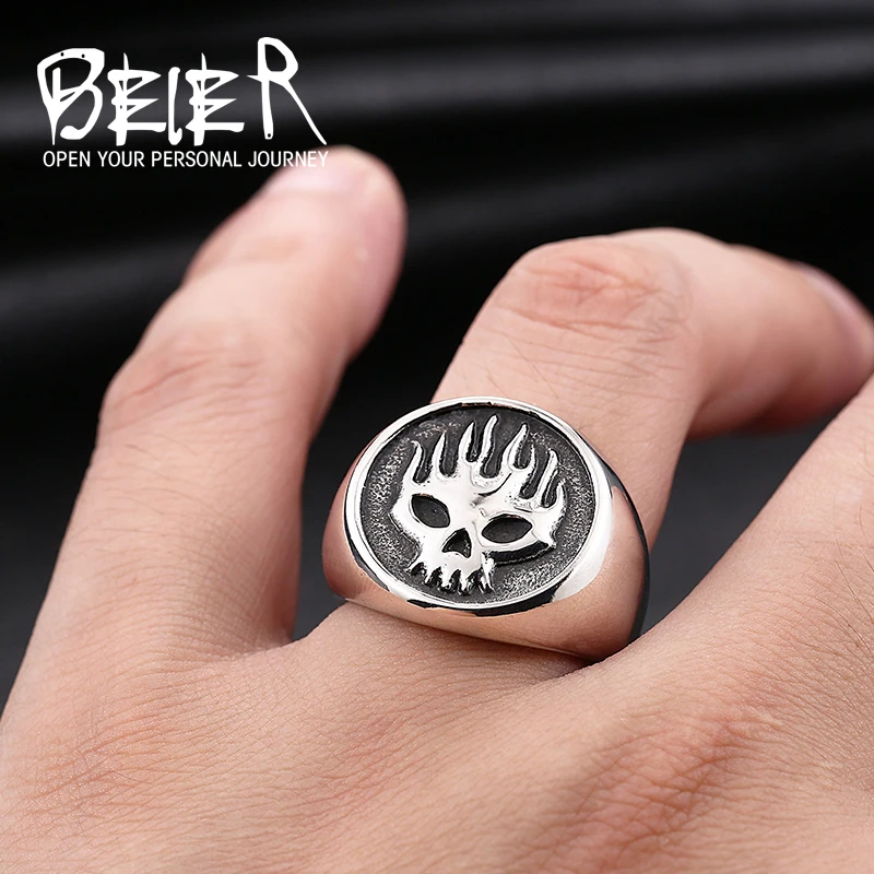 BEIER Cool Motorcycle Biker Fire Man Stainless Steel Flame Skull Classic Ring Jewelry Wholesale Cheap Price BR8-315