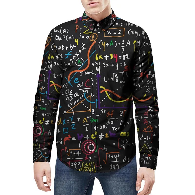 High Quality Men Shirt Long Sleeve Loose fit Equation Print Turn-down Collar camisas Large Size Dress Shirts