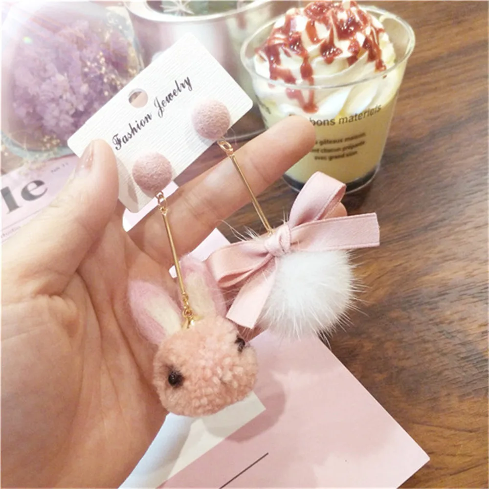 Корейский милый мультяшный Кролик Банни бант Hairball осень зима женские Висячие висячие серьги Модные Jewelry-JQC5