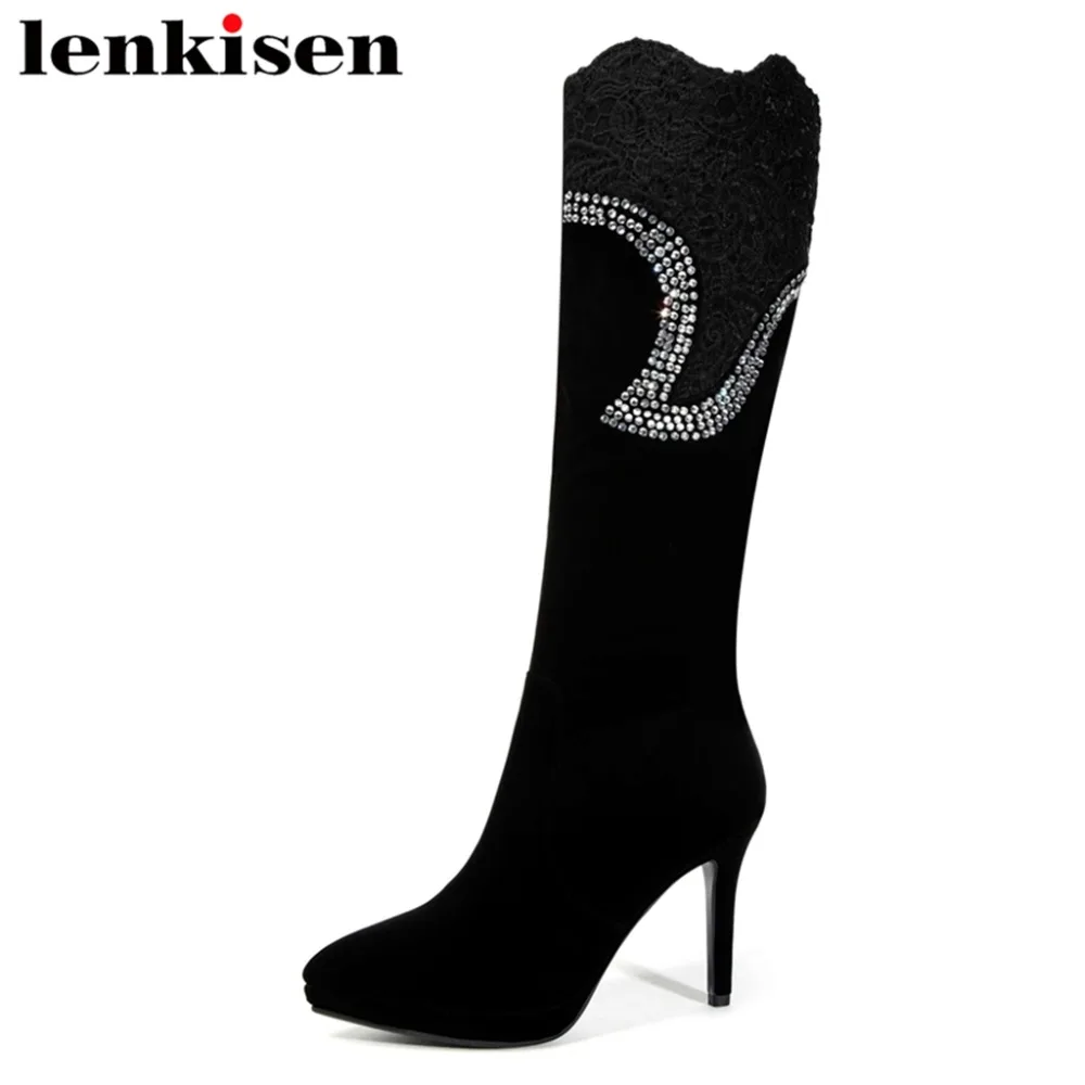 

Lenkisen flock thin super high heels pointed toe big size shinning crystals original design mature women knee-high boots L1f6