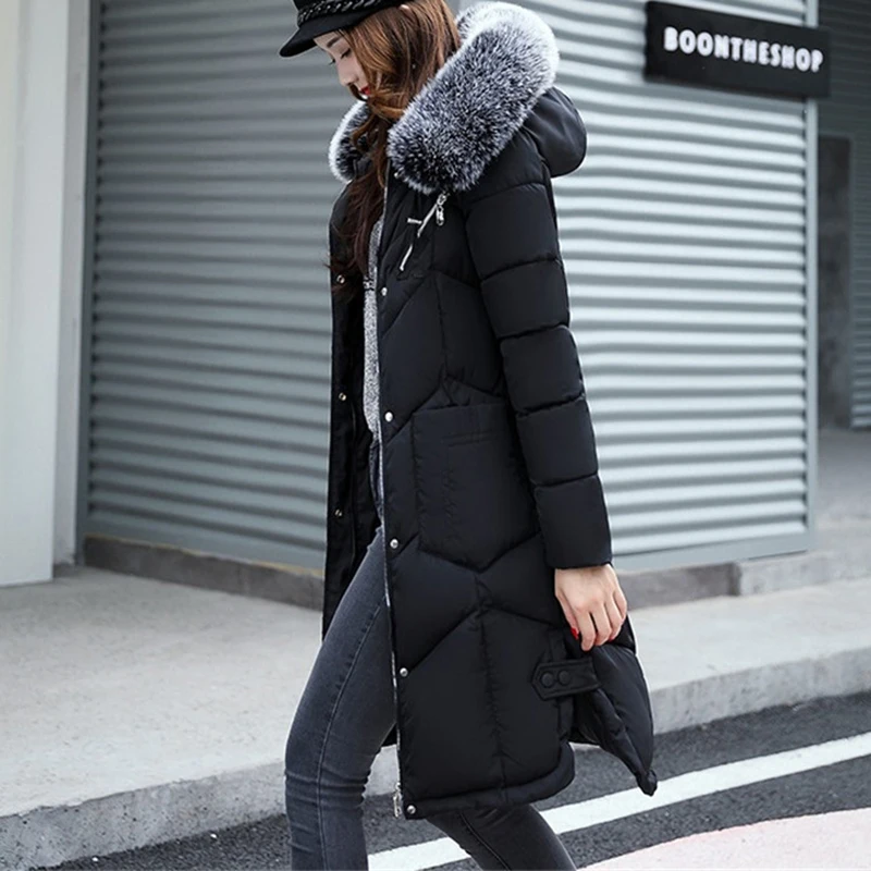 Cena Nowa kurtka zimowa damska długa puchowa kurtka bawełniana damska Parka duża, futrzana kołnierz bawełniana bluza z kapturem kurtki damskie płaszcze odzież wierzchnia A93
