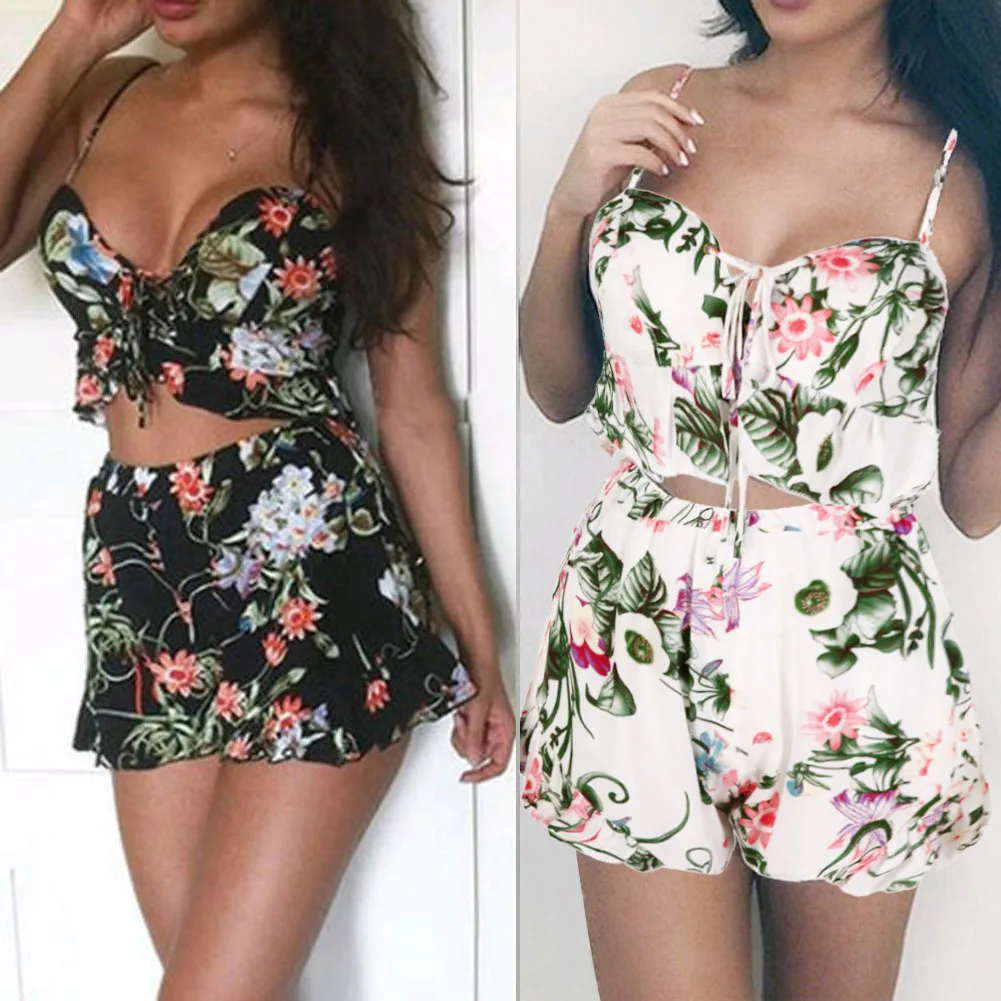 Women Crop Tops And Shorts Set 2 Piece 2017 Summer Fashion Floral Printed Short Tops + Short
