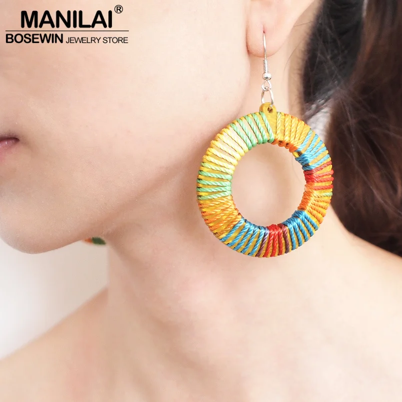 

MANILAI Bohemia Dangle Drop Earring Braided Coconut Shell Exaggerated Multicolor Circular Big Earrings for Women Jewelry
