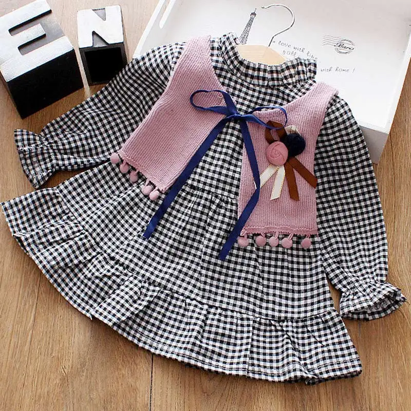 Melario Casual Spring Autumn Baby Clothes Long-sleeved Dress for Girl Plaid Shirts Toddler Girl Drese Fur Vest 2Pcs Suit