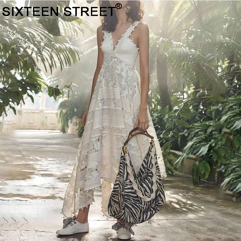 

Woman Dress spaghetti strap V-neck runway design hollow out New Summer white black asymmetric maxi dress ladies vestidos blancos