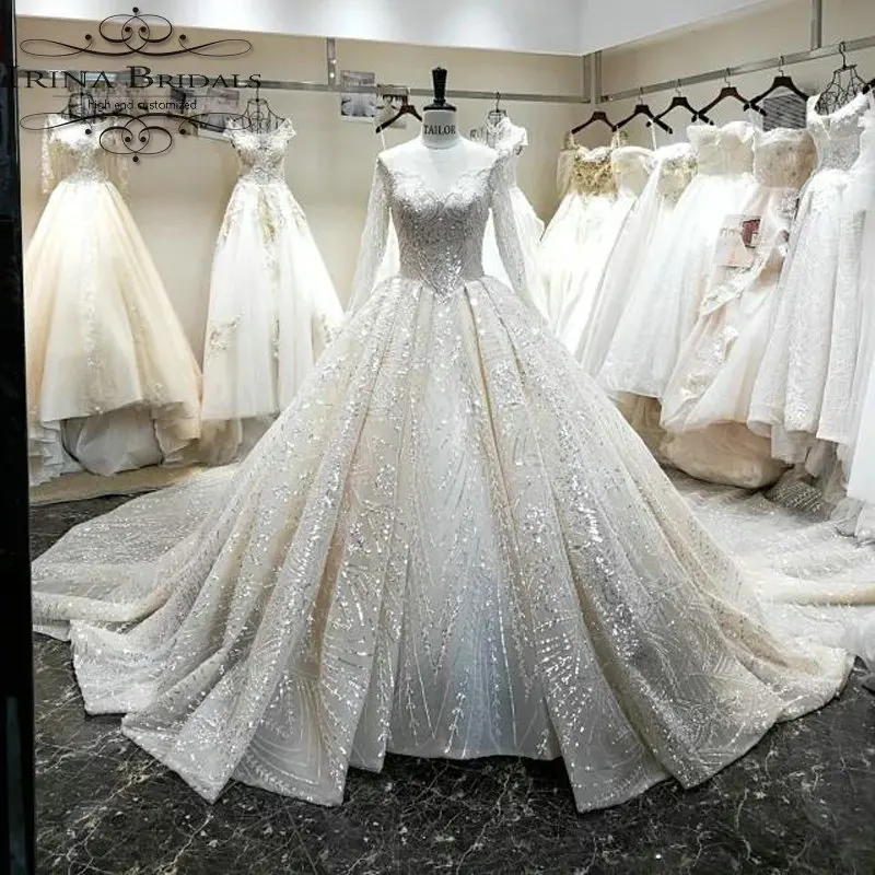 

hochzeit Full Sleeve Sparkle Shiny Wedding Dress Luxury 2019