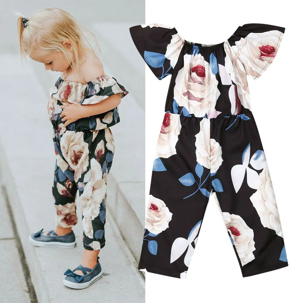 

Toddler Kids Girls Floral Playsuits Off-shoulder Jumpsuits Overalls Children Girl Short Flutter Sleeve Costume