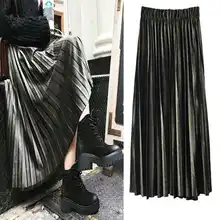 ELEXS осень зима бархатная юбка высокая талия узкие большие качели длинные плиссированные юбки металлик миди Saia