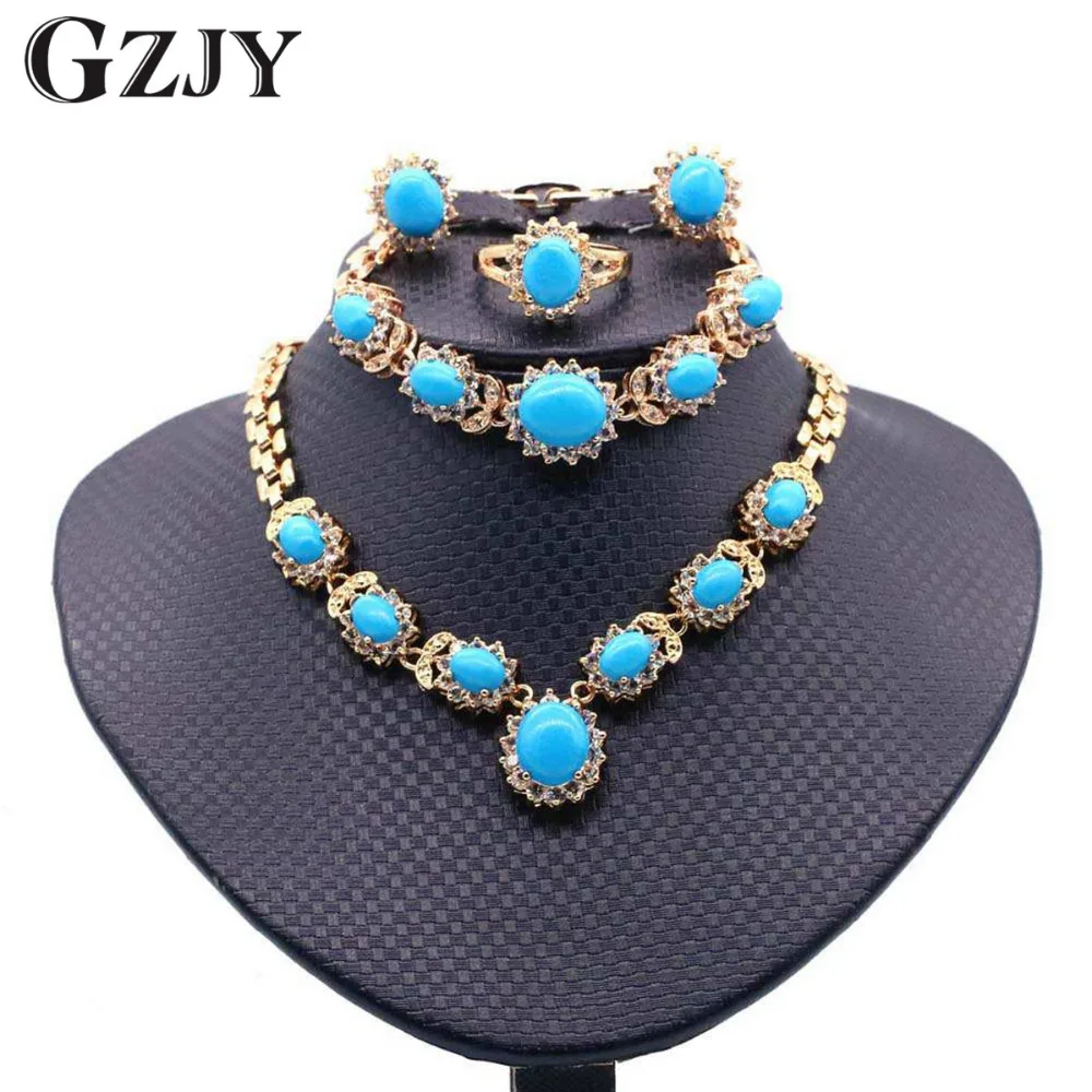 

GZJY Fashion Jewelry Champagne Gold Color Round Blue Stone Zircon Necklace Earring Ring Bracelet Set For Women Wedding Gift