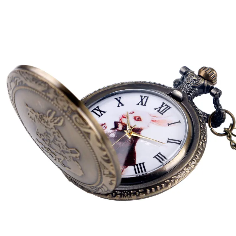 Vintage Women Copper Hot Necklace Rabbit Pendant Trendy Men Retro Pocket Watch Chain Cute Gift Alice 4