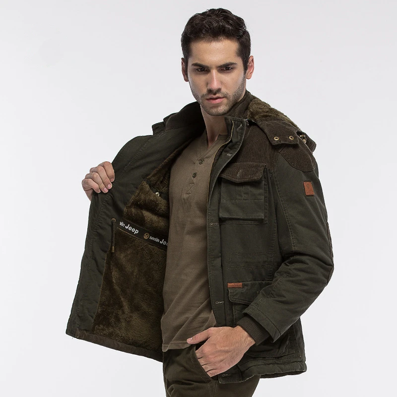 Army Lined Velvet Hooded Thickening Parkas Winter Coats Men Overcoats