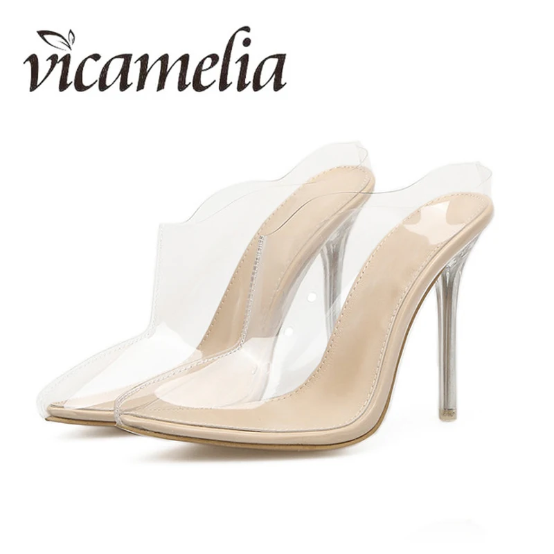 

Spring Summer New Transparent Slippers Stilettos Heel Pointed Toe Sexy Sandals Prevalent Thin Heel Slippers Vicamelia 043