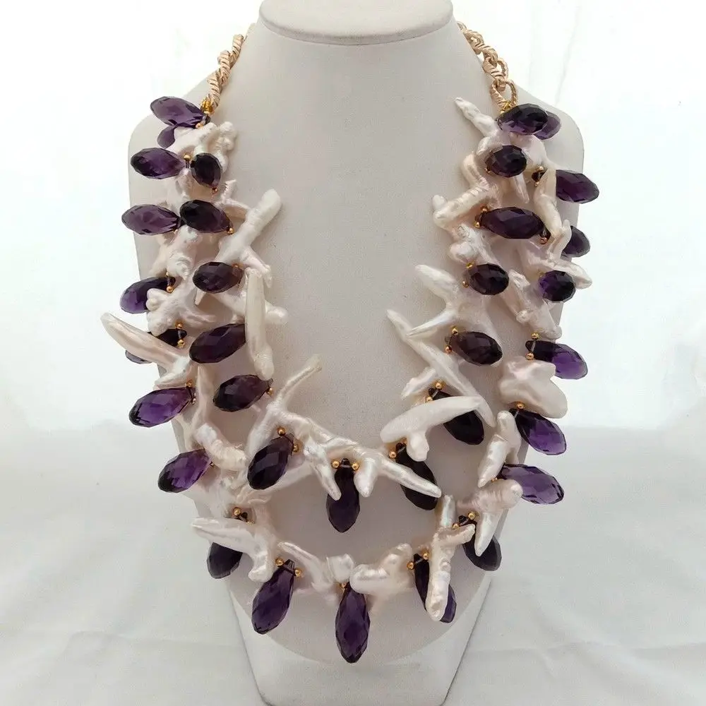 

19'' 2 Strands White cross Pearl Purple Crystal Necklace