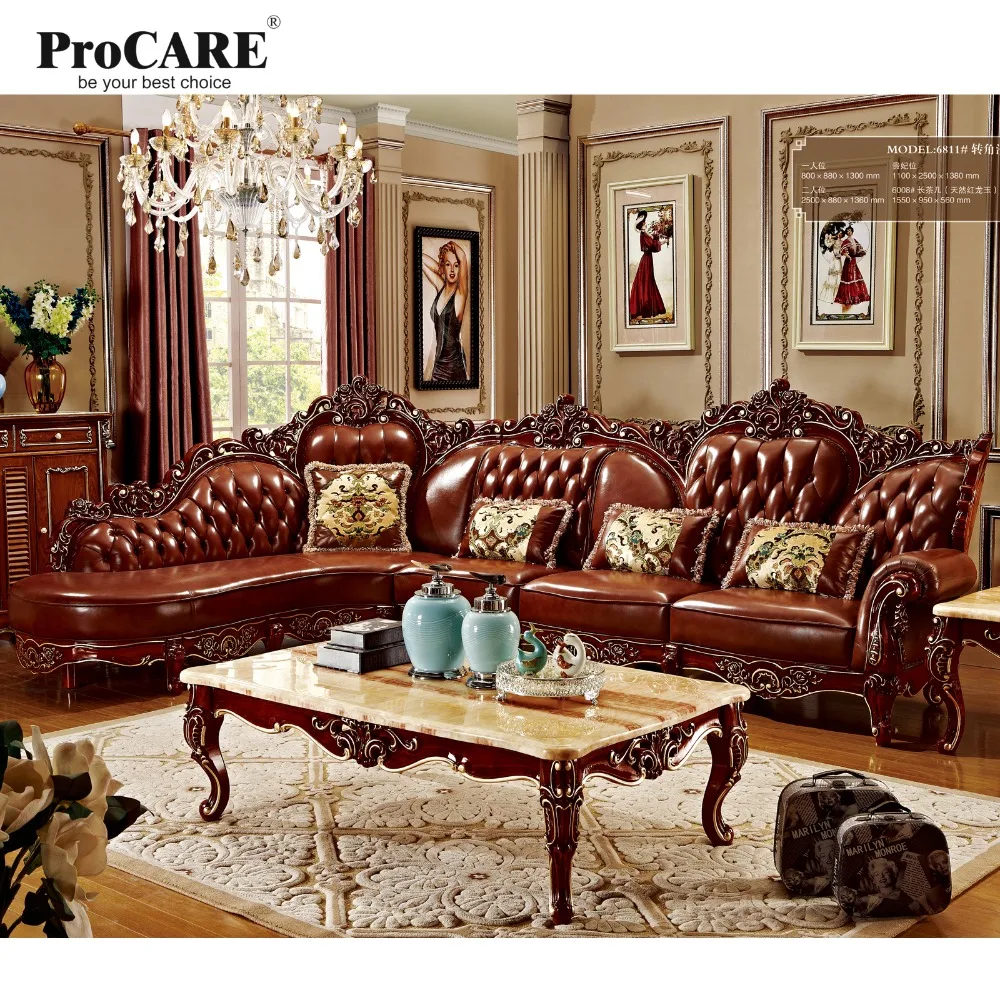 red solid wood genuine leather corner sofa set / L shape sofa set living room furniture with marble surface's coffee table-6811