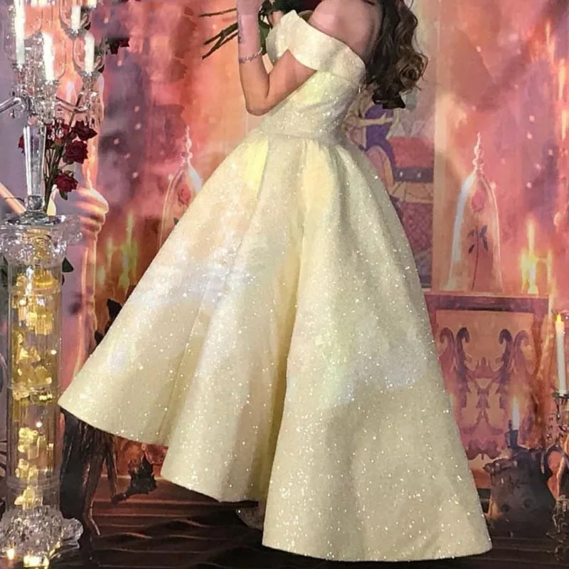 Vintage Tea Length Ball Gown Arabic Evening Dresses 2018 Off Shoulder Glitter Sequined Light Yellow Dubai High Low Prom Dress (1)
