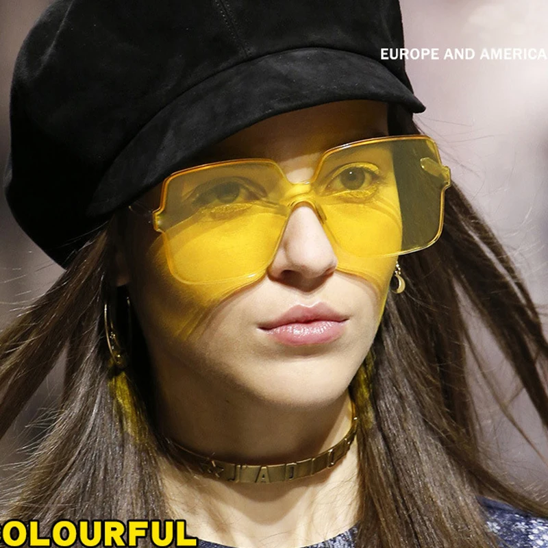 

Oversized Colorful Square Sunglasses Women One Piece Yellow Red Orange Green Big large Frameless Eyeglasses 2019 Candy Sunglass