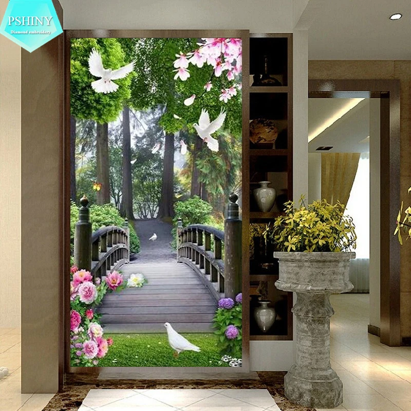 

PSHINY 5D DIY Diamond embroidery sale Bridge Landscape Decor Picture Full Round Rhinestone Diamond Painting cross stich