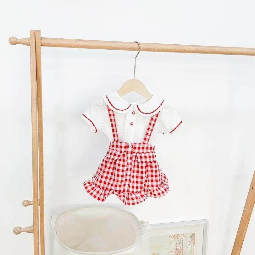 

2019 Toddler Blouse + Plaid Straps Skirts 2 Piece Kids Clothing Set Children Suit Girls Clothes Sets Baby Girl Summer Clothes