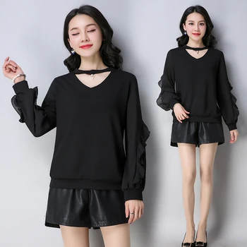 

5xl plus big size blusas feminina 2018 korean spring summer style autumn women new v-neck blouse loose black shirts female A5102