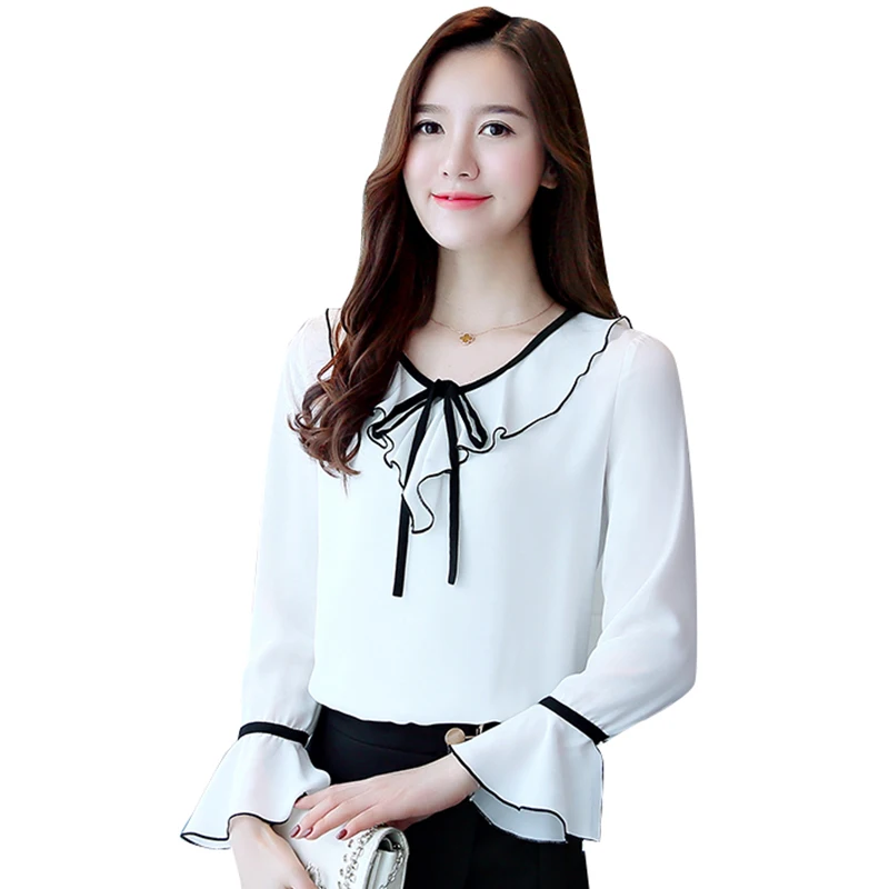 Корейский 2017 Для женщин блузка элегантный длинный рукав Шифоновая блузка рубашка для Для женщин бантом rffules тонкий шифоновая рубашка
